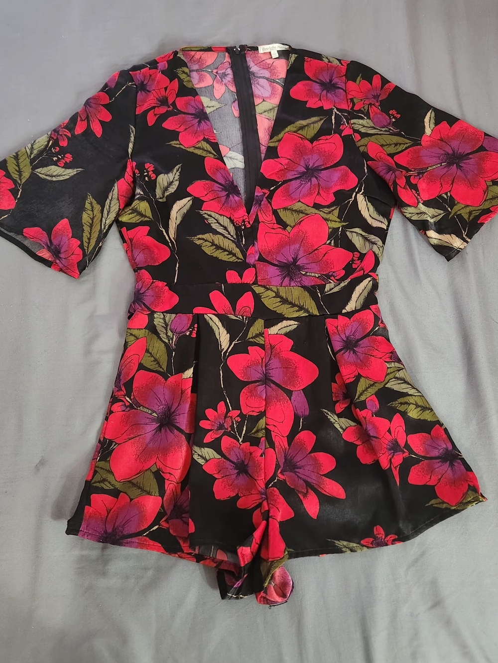 Charlotte Russe Black Romper with Red and Purple Floral Print